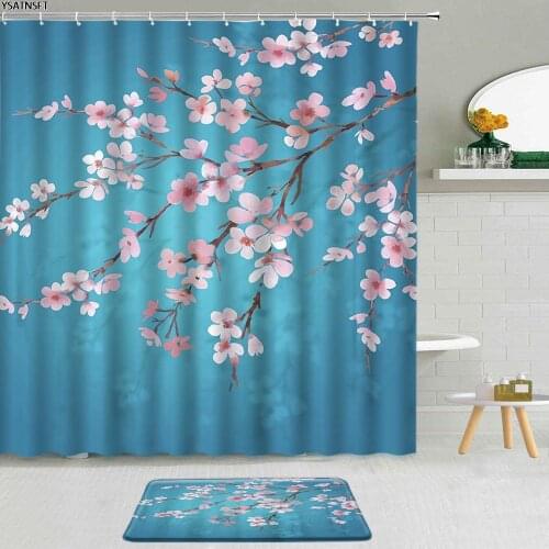 2Pcs Romantic Cherry Blossom Shower Curtain Blue Background Fuji Mountain Scenery Fabric Non-Slip Bath Mat Bathroom Curtains Set