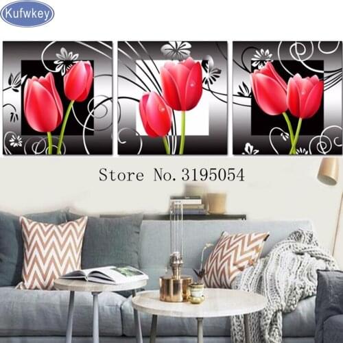 3pcs/set diamond embroidery red tulip,5d diamond painting flowers full diamond mosaic pictures of rhinestones cross-stitch kits