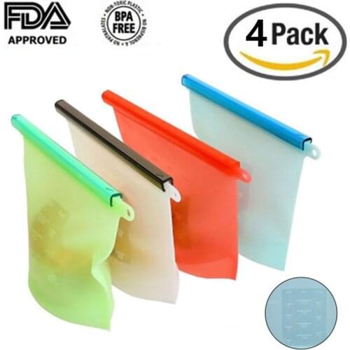 4Pcs Reusable Silicone Bag Zip Airtight Seal Silicone Food Storage Bag for Food Cooking keep Fresh Snack Bags 500/1000/1500ml