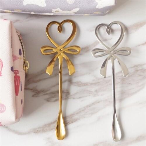50pcs 3D Bow Knot Heart Shaped Spoon Mini Coffee Tea Dessert Spoon Hanging Spoon Gold Silver Stainless Steel Flatware WB1443