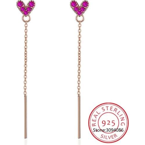 925 Sterling Silver New Fashion Pink Zirconia Heart Earrings For Women Long Tassel Earrings S-E481