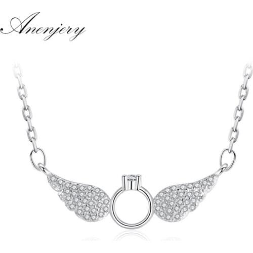 ANENJERY 925 Sterling Silver Exquisite Zircon Angel Wings Pendants Necklaces For Women Valentines Day Present S-N07