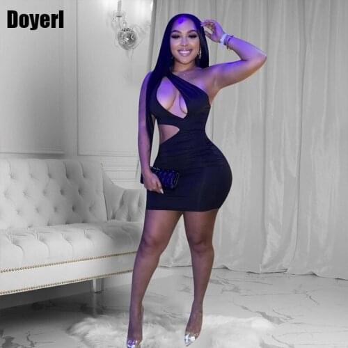 Hollow Out Sexy Summer Dress 2021 Sleeveless One Shoulder Black Short Bodycon Dress Women Stretch Skinny Mini Party Club Dress