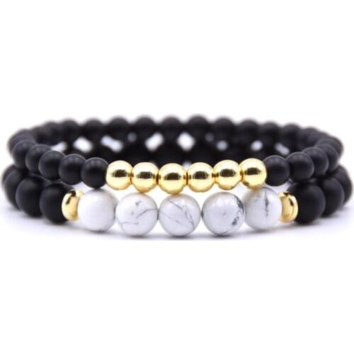 2Pcs/Set of Natural Stone Bead Bracelet Copper Bead Beaded Bracciali Femme Friend Bracelet Women Mens Jewelry Men Bileklik