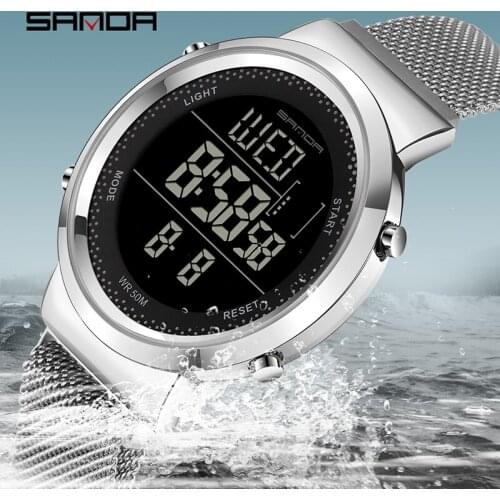 SANDA Charming Multifunctional Digital Watch Steel Mesh Strap Magnet Clasp Electronic Clock Outdoors Business Couple Watch 383