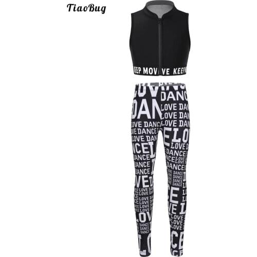 Kid Girl Summer Sportwear Outfits Stand Collar Sleeveless Front Zipper Tank Top And Letters Printed Leggings Sets For Yoga Dance