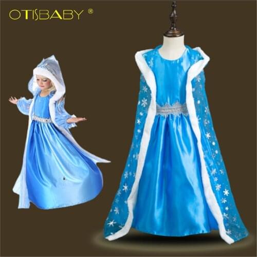 Girls Snow Queen Princess Party Dress Long Hooded Cloak Anna Dress Children Christmas Halloween Costumes Girls Elsa Clothing Set