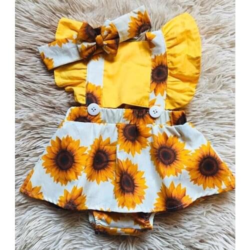 FOCUSNORM 0-24M Summer Lovely Baby Girls Boys Rompers Sunflowers Print Ruffles Fly Sleeve Backless Jumpsuits Headband