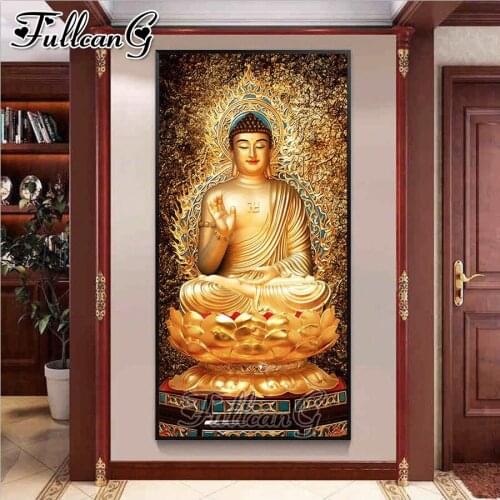 FULLCANG Golden buddha icon large diamond painting 5d diy full square round drill mosaic embroidery sale home decoration FC2981
