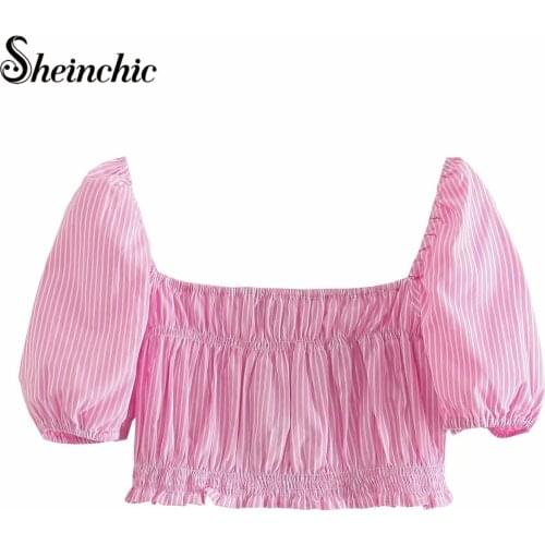 Korean Fashion Striped Womens Puff Sleeve Vintage Pink Shirt Ladies Elegant Slim Top Blouse