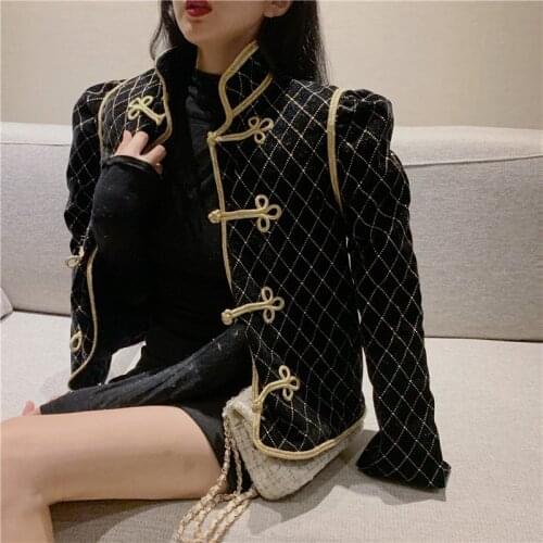 2020 Winter New Women Fashion Outfit Stand Collar Chinese Knot Button Chic Short Coat Classic Golden String Plaid Women Jacket