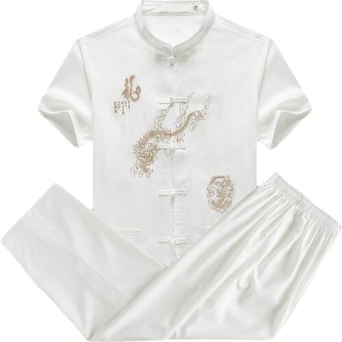 Summer Mens Pajamas Sweat Suits Tai Chi Kung Fu Uniform Short Sleeve Chinese Style Big Size Embroidery Dragon Father Tang Suit