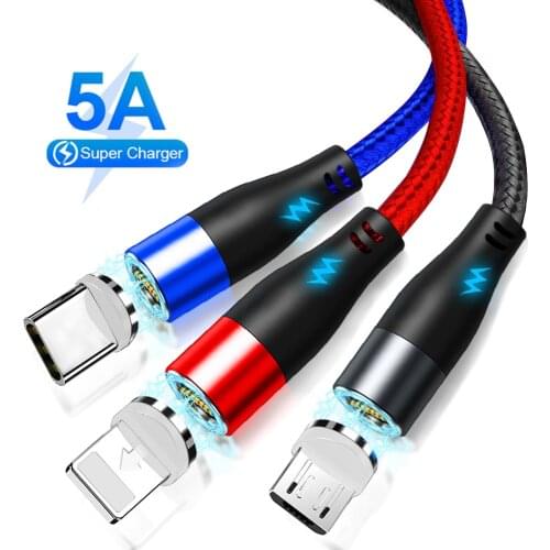 Magnetic Usb Charging Cable 5A Fast Charging For iPhone Xiaomi Huawei Samsung 3 in 1 Magnet Phone Charger Cable USB-C Cord Wire