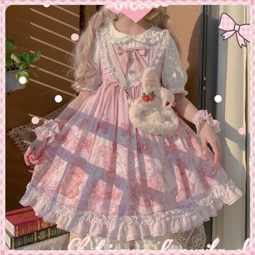 Victorian Vintage Lolita Sweet Dress Women Bowknot Princess Party Dresses Dream Bear Print Girls Japanese Sweet Kawaii Jsk Dress