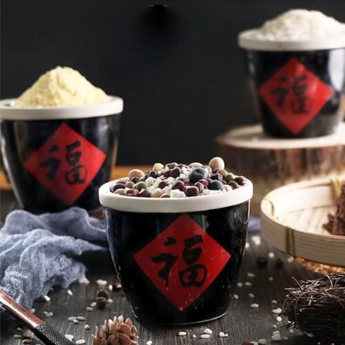 Mini Ceramic Chinese Blessing Cylinder Jar Retro Grains Rice Storage Cylinder Food Photography Props Background Decoration