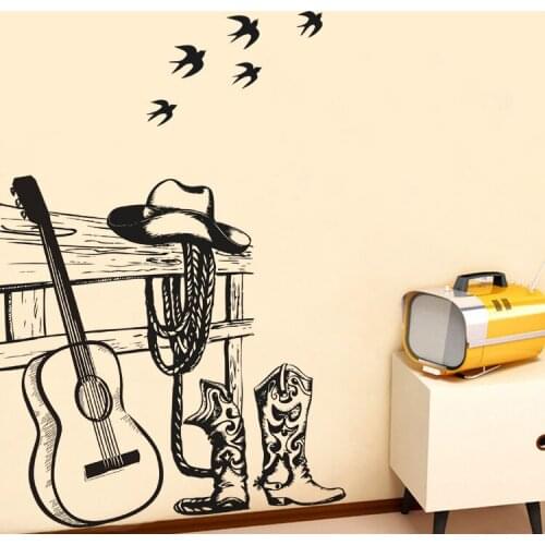 Cartoon Sketch cowboy dress up Guitar Wall Sticker Decoration For Boys Bedroom Home Decal Pattern Removable Pvc Window Poster