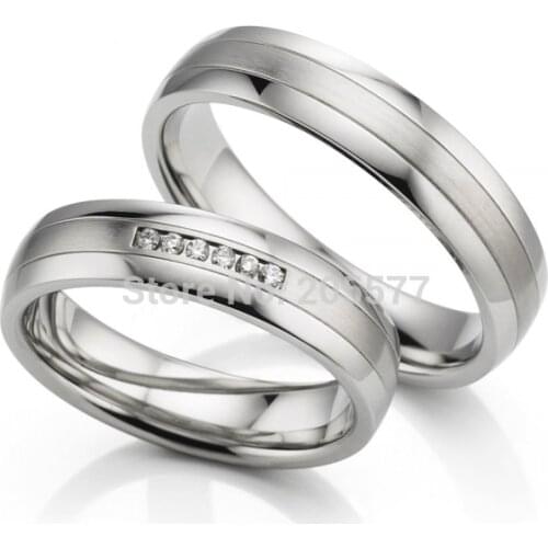 High end custom tailor white gold color titanium stainless steel mens and womens wedding bands couples rings sets