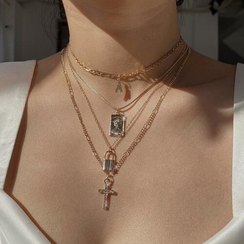 Vintage Boho Fashion Multilevel Necklaces For Women Geometric Crystal Cross Letter A Lock Human Head Pendant Necklace Jewelry
