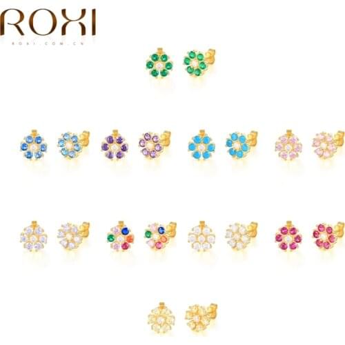 ROXI Copper Mini Colorful Flowers Earrings For Women Fanshion Jewelry Cartilage Ear Bone Nail Stud Earrings Grils Party Jewelry