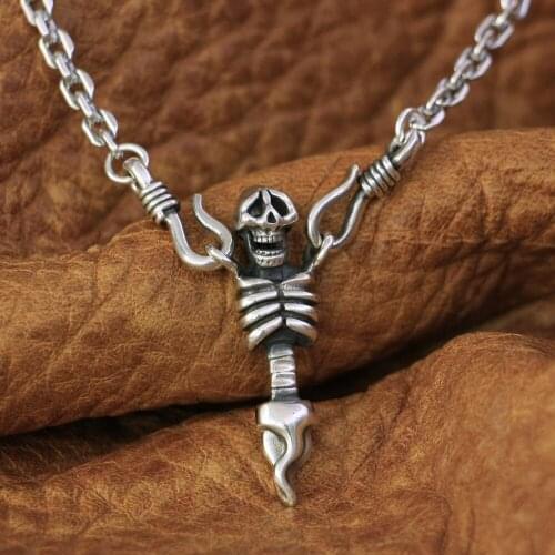 925 Sterling Silver Upper Body Skull Mens Biker Punk Pendant TA139 Solid 925 Sterling Silver Necklace 23"