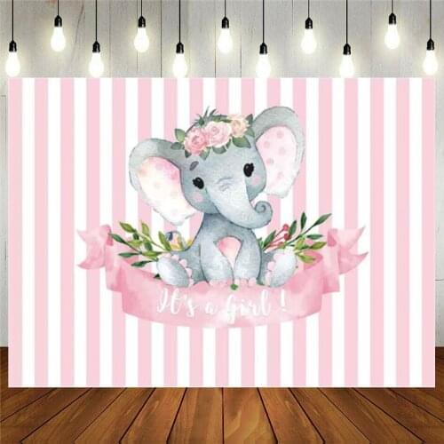Girl Elephant Backdrop For Baby Shower Newborn Birthday Decoration Pink White Stripes Watercolor Flower Photography Background