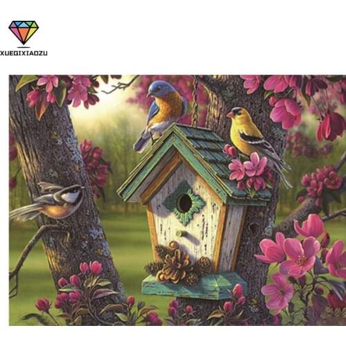 XUEQIXIAOZU 5D DIY Painting Full Round Diamond The Forest Birds House Picture Cross Stitch Mosaic Picture Rhinestones Embroidery