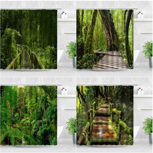 Tropical Forest Wooden Bridge Shower Curtains Green Moss Plant Spring Scenery Wall Decor Cloth Waterproof Bathroom Curtain Hooks