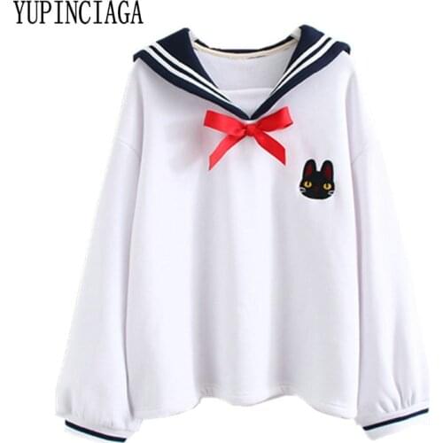 YUPINCIAGA Women Sweatshirts Pullover Kawaii Cute Loose-fit bow-tie cat embroidered navy neck Sweatshirts White Navy Hoodie Girl