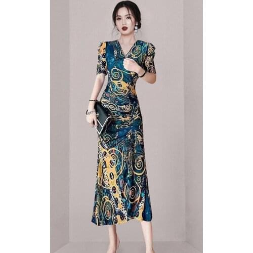 2021 Summer Fishtail Dress Temperament Elegant Lady V-Neck Drawstring Short Sleeve Slim Sexy Bodycon Party Long Dress Vestidos