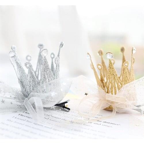 5pcs/Lot Princess Crown Hair Clips Sweet Color Shine Glitter Diamond Hairbows Mesh Decor Hairpin Girls Party Hair Accessories