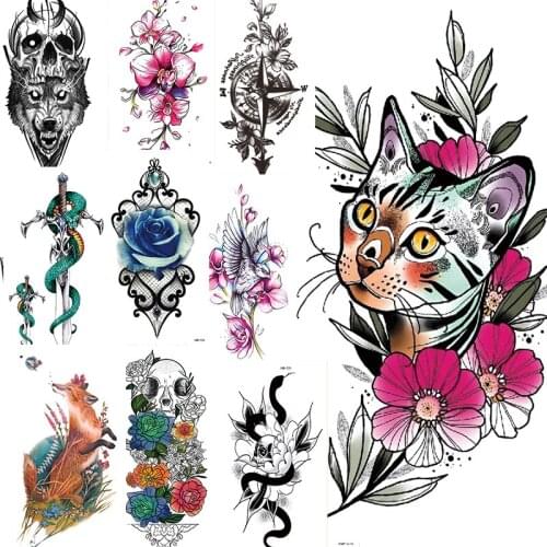 Color Tatoo Chest Arm Neck Temporary Tattoo for Women Sun Catcher Sticker Long Lasting Waterproof Tattoos Black Dragon Tiger Fox