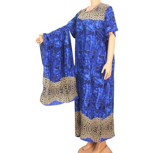 Dashikiage New Arrival Fashion Summer African Dresses For Women Floral Print Blue Pure Cotton Short Sleeve Maxi Dress For Women
