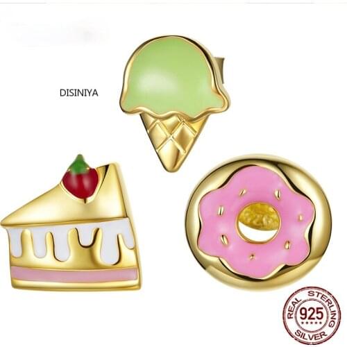 Disiniya1PC 925 Sterling Silver Summer Dessert Icecream Earrings Cup Cake Candy Earrings Donut Popsicle Studs Earrings SCE1159
