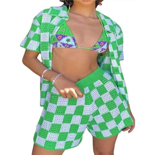 Two Piece Y2K Clothes Outfit for Women Plaid Knitted Crochet Cardigan Sweater and Short Pants Clothing Sets