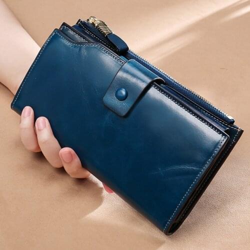 Leather RFID Wallet Anti-theft Brush Long Womens Purses Genuine Female Phone Clutch Bag Card Holder Phone Wallets