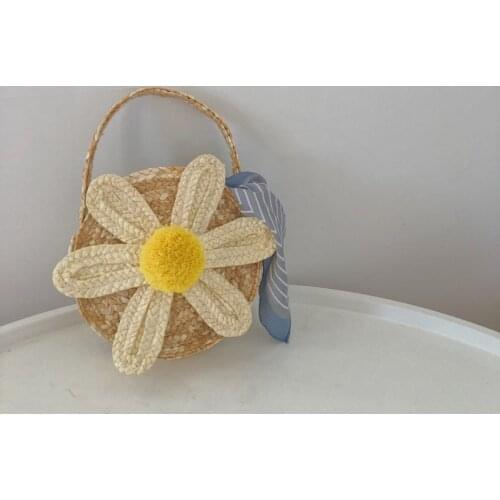 Round Flower Beach Bag Summer Mini Vintage Handmade Straw Bag Girls Circle Small Bohemian Shoulder Bags