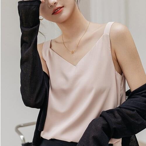 Korean Camis Women Chiffon Camis Women Pullover Solid Regular Oversize Tank Top Woman White V-Neck Vest Spring Loaded Basic Tank