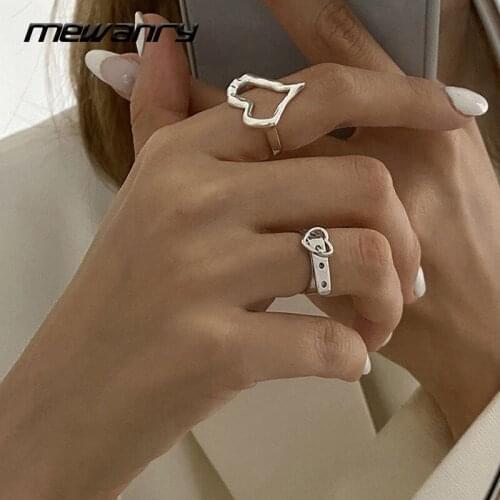 Mewanry 925 Sterling Silver Rings for Women Couples Accessories New Fashion Elegant Hollow Love Heart Belt Design Party Jewelry