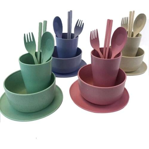 6 Pcs Wheat Straw Tableware Plate Bowl Cup Spoon Fork Chopsticks Non-toxin Healthy Dinnerware Sets for Children Toddlers