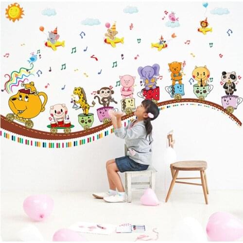 Cartoon stickers creative childrens room kindergarten decorative stickers mural animal train wall stickers for kids decals