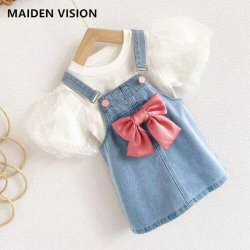 Baby girls outfit summer Girls Casual Suit Bow Puff sleeve shirt Top+Denim suspender skirt Kids Clothes infant Girl Dress 1-6y