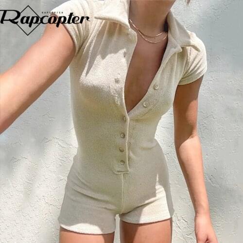 Rapcopter Solid Playsuits Single-Breasted Short Sleeve Bodysuits Vintage Biker Overalls Women Turn Down Collar Jumpsuits Rompers