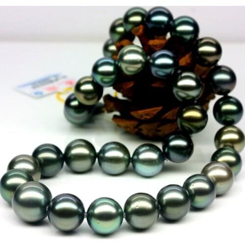 925 silver real natural big Tahitian Black Pearl Necklace 12-15 round very bright light natural