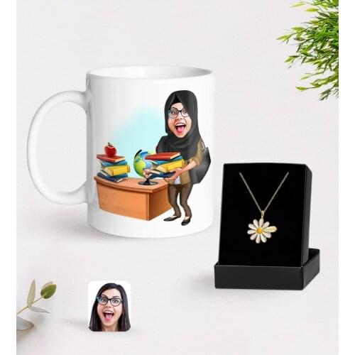 Personalized Women 'S Teacher Caricature Of Mug And Daisy Necklace Gift Seti-8