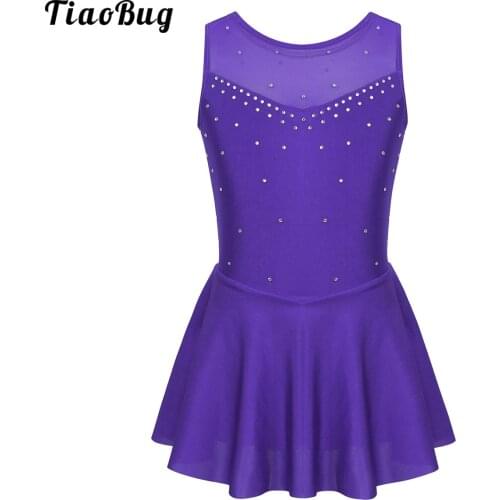 TiaoBug Summer Kids Girls Sleeveless Sparkly Rhinestone Tulle Back Figure Ice Skating Roller Ballet Dance Leotard Dress