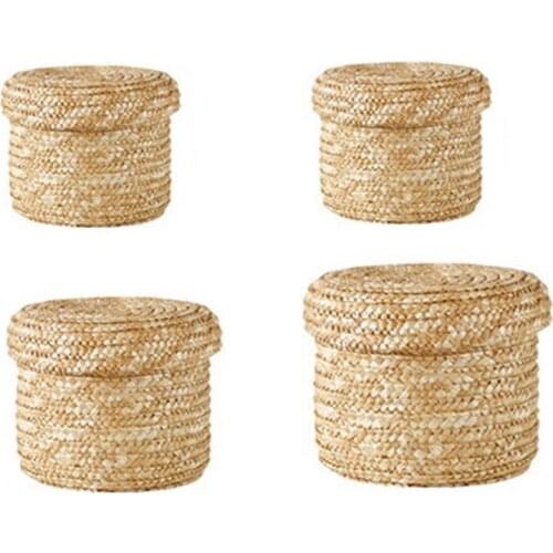 Woven Storage Basket with Lid,Handmade Straw Snack Organizer Storage Box,Laundry Baskets,Rattan Storage Flower Basket