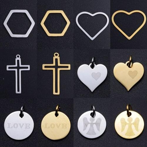 5pcs/lot Geometric Heart Star Cross DIY Charms Wholesale Stainless Steel Hexagon Jewelry Pendant OM Yin Yang Connectors Charm