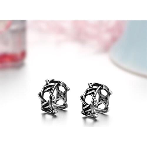 BONISKISS Unisex Simple Stainless Steel Earrings Drop Ship Mens And Womens Retro Hollow Six-pointed Star Pattern Clip Earring