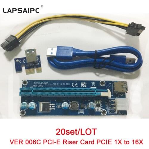 Lapsaipc 20SET/LOT PCI-E Riser Card PCIE 1X to 16X Extender USB 3.0 Cable 6Pin Power Cord Supply for BTC LTC ETH Mine VER006C