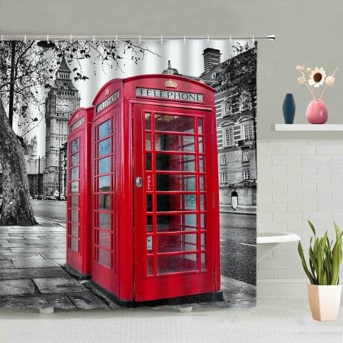 Retro London Big Ben Shower Curtain Street Architecture Red Telephone Booth Waterproof Bathroom Curtains Bath Screen Decor Hooks